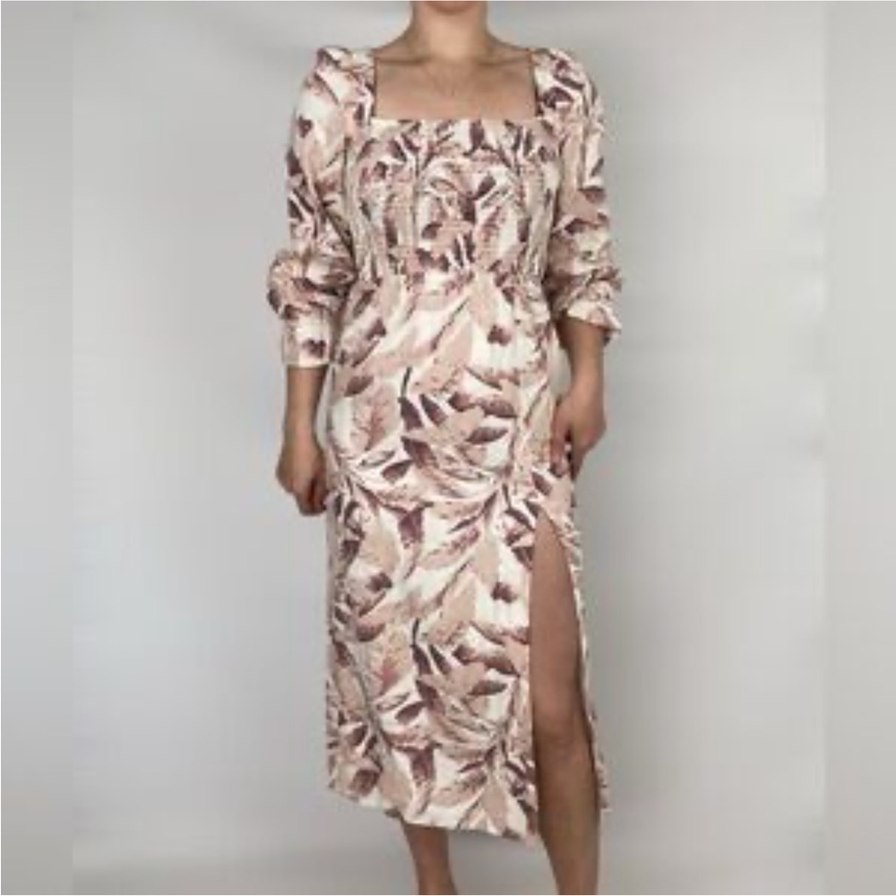 House Of Harlow 1960 Linen Blend Puff Sleeve Square Neck Smocked Midi Dress Xs